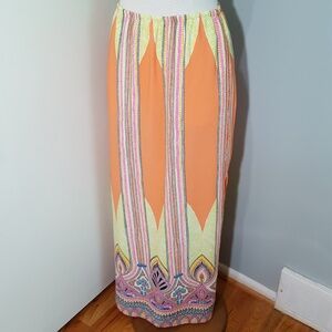 Tyche Summer Coral Multi Border Printed Maxi Skirt With Side Slits S